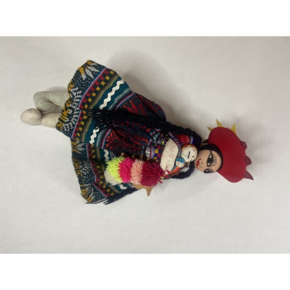 Vintage Embroidered Peruvian Folk Art Doll Handmade with 2Babies & Panpipes - Picture 5 of 16